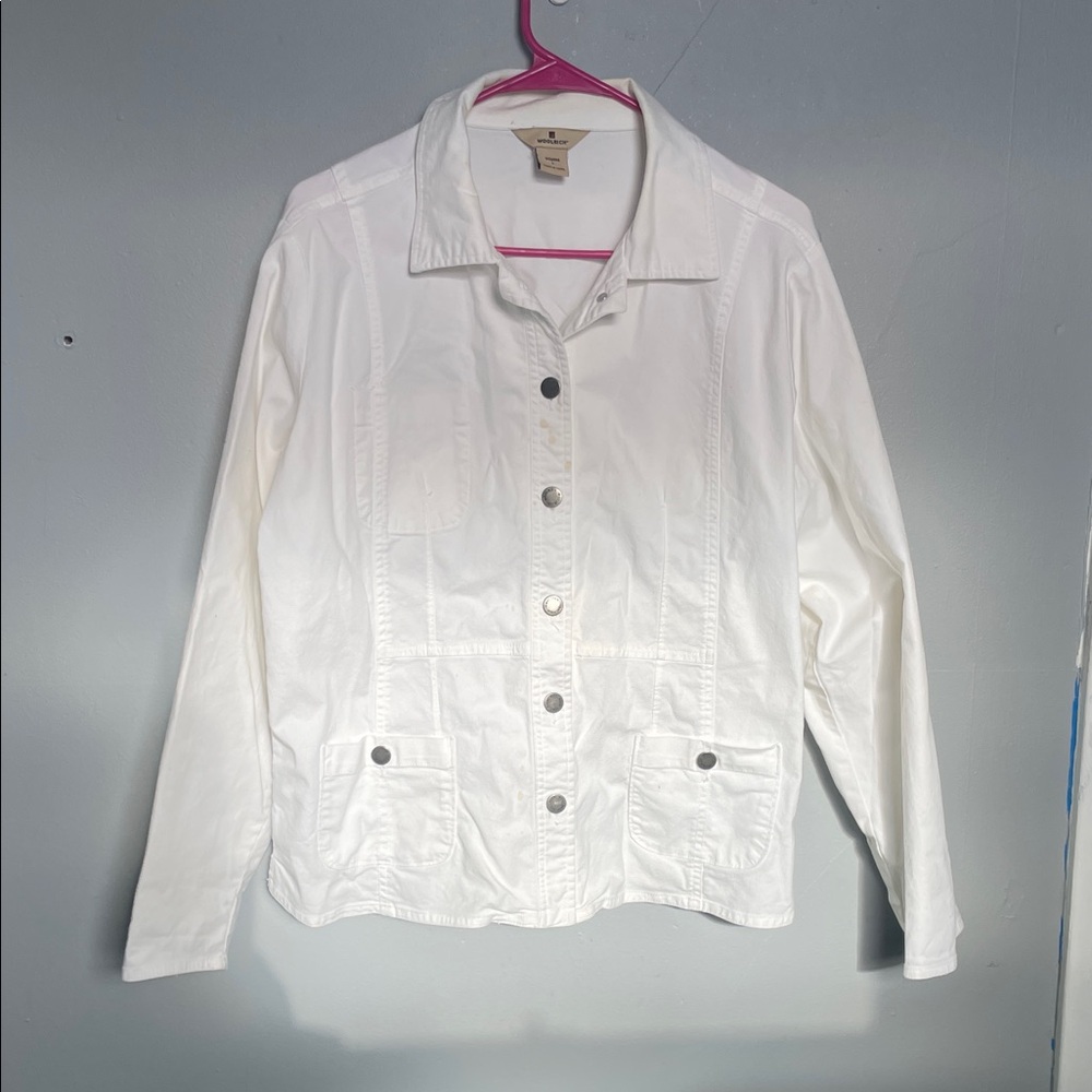 Woolrich Women’s L white denim button down jean jacket neutral outerwear capsule